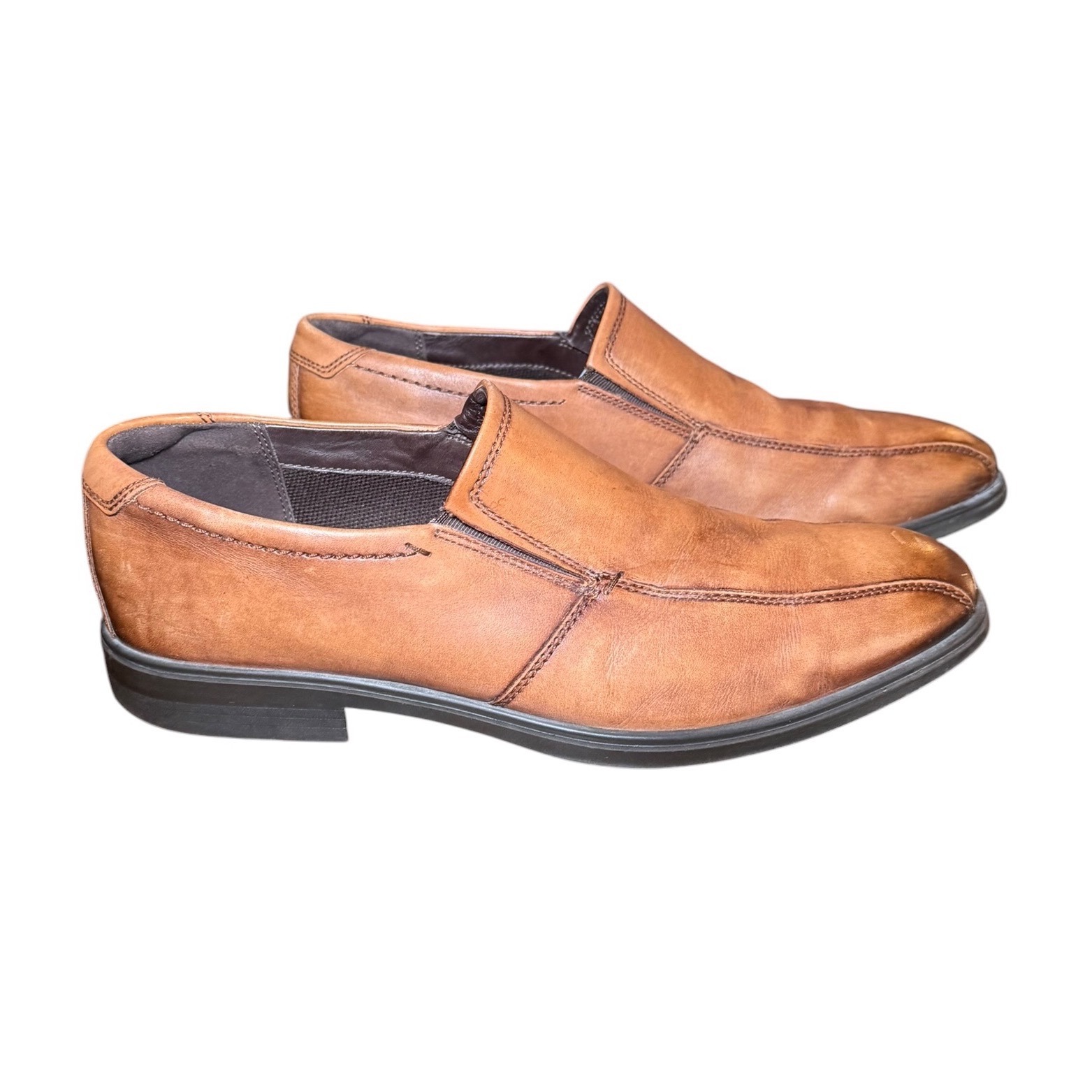 Ecco Mens Leather Slip On Loafers Cognac Brown Square Toe Dress Shoes Size 46